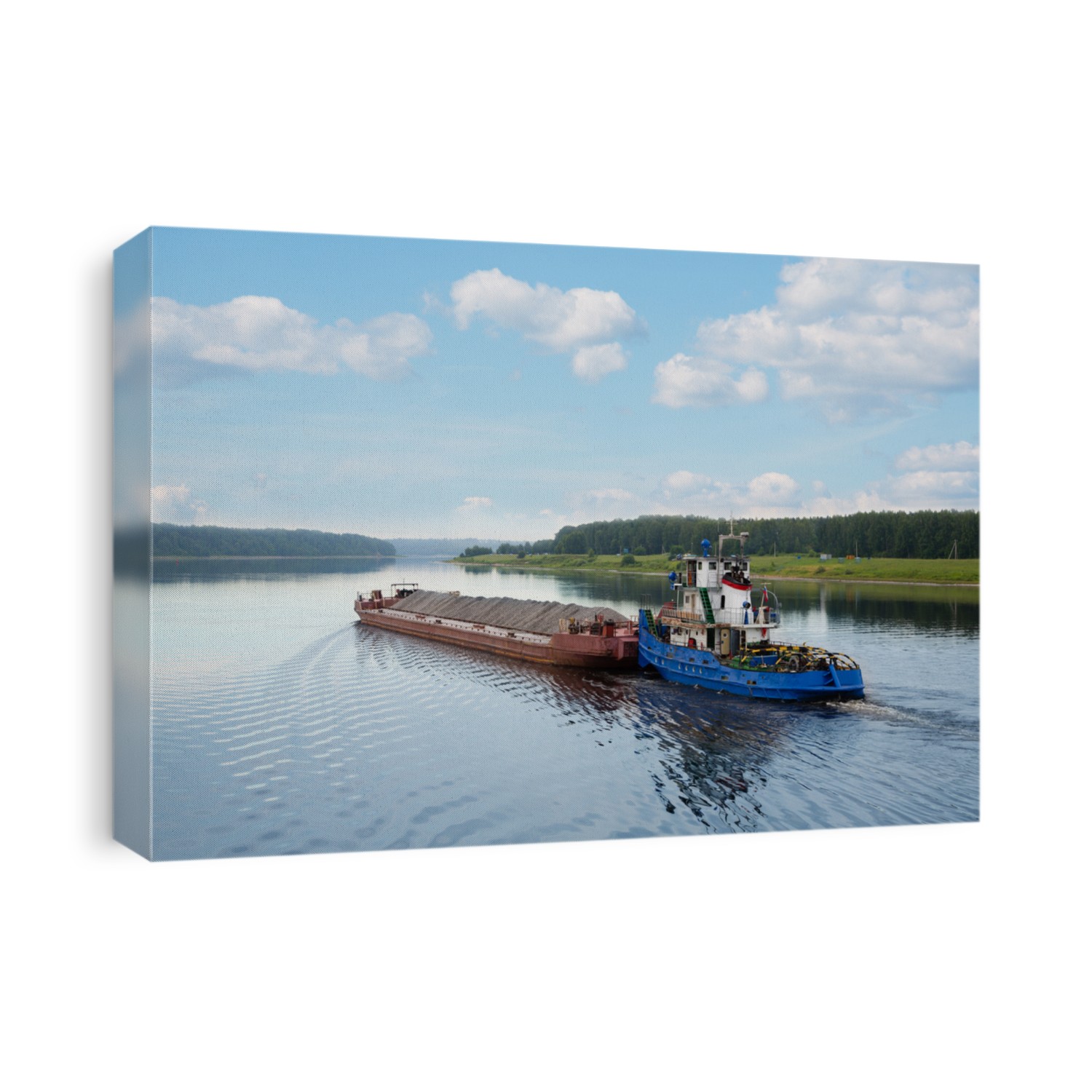 River tugboat moves cargo barge on the Volga river in the summer navigation.