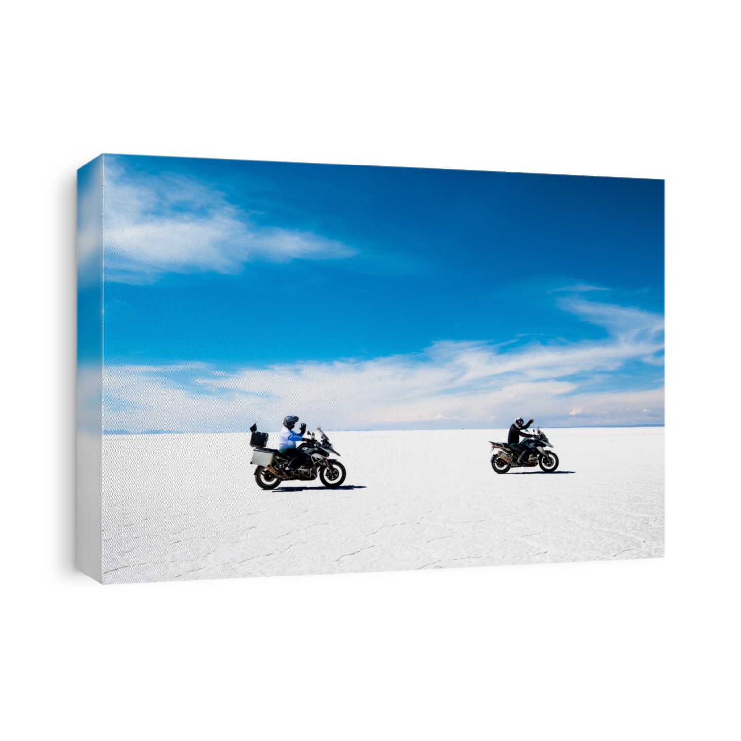 motorbikers and car riding among sunshine Salar de Uyuni