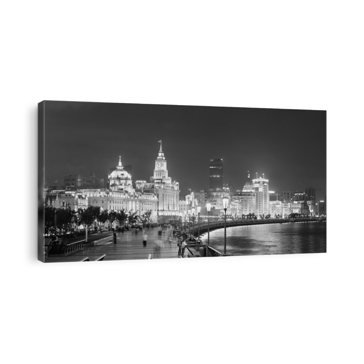 Shanghai Waitan night view with historic buildings over Huangpu River panorama in black and white