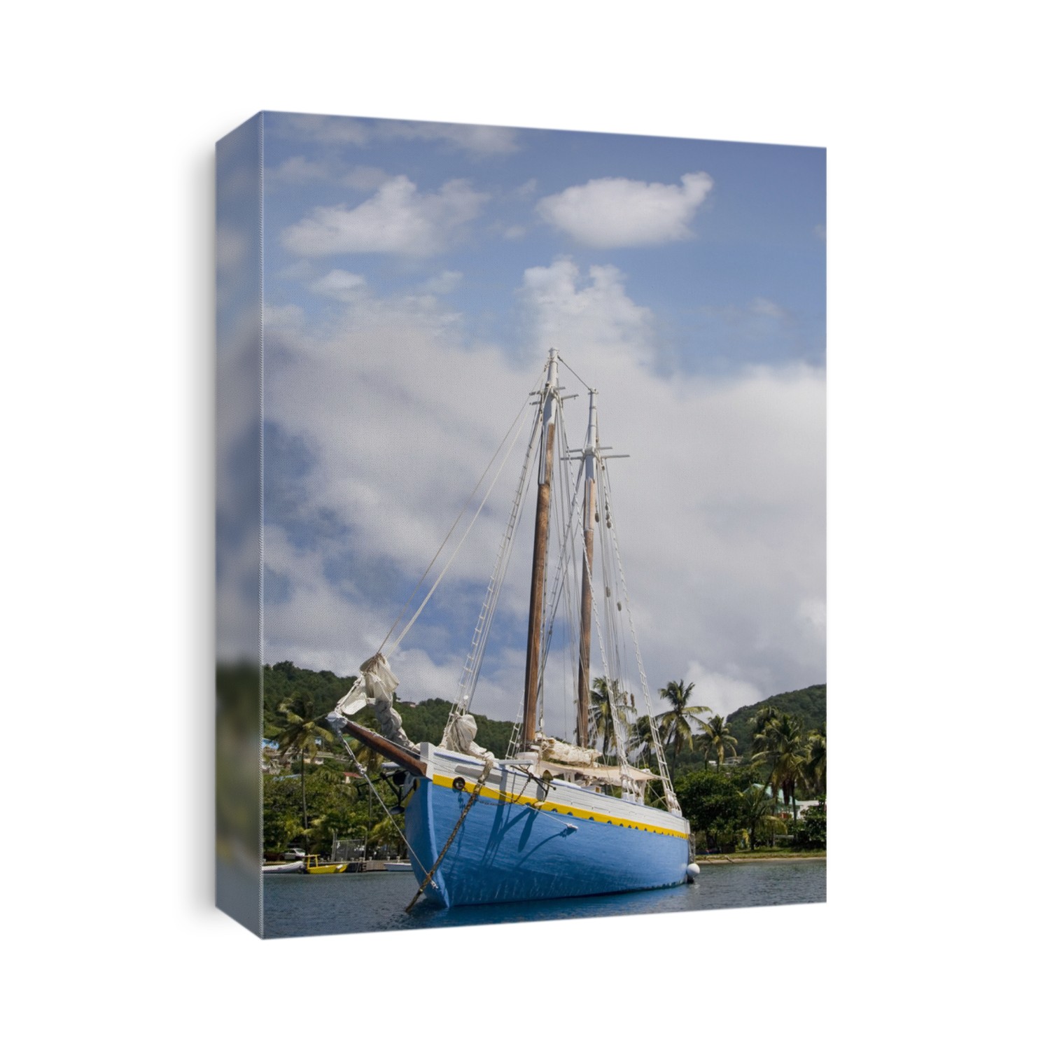 Sailing ship mored in Admiralty Bay on the island of Bequia, St. Vincent and the Grenadines.