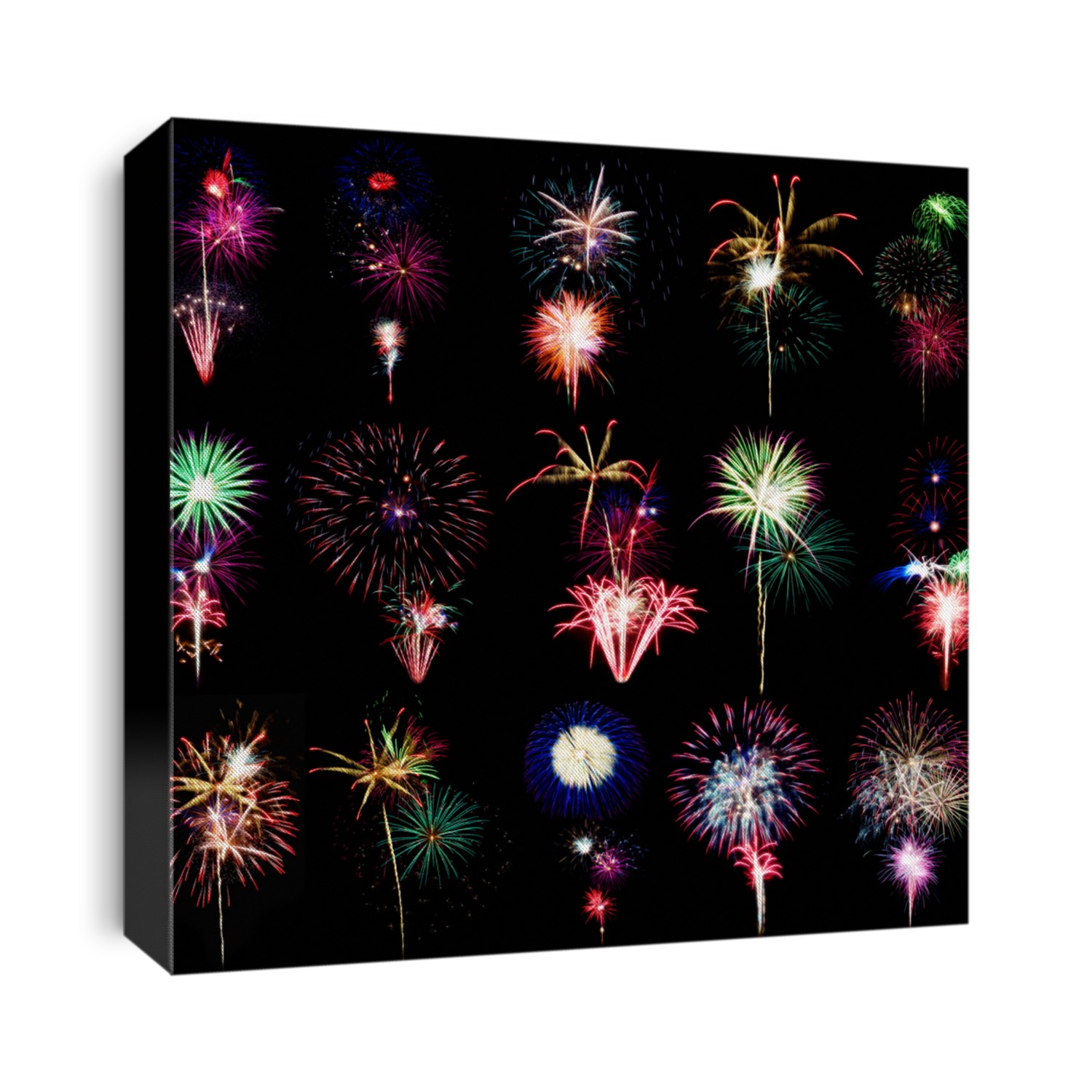 Collection of fireworks compositions isolated on black.
